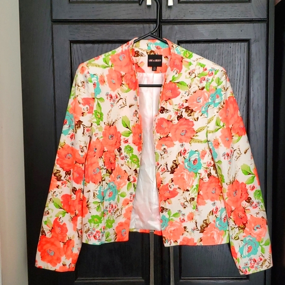 Casual Floral Blazer, Pink/Green/White - Picture 1 of 3